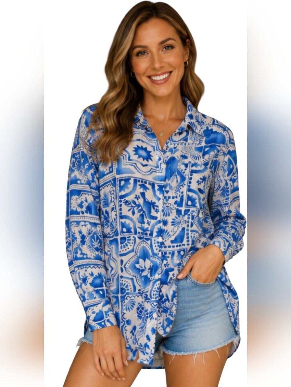 Peach Blue & White Coastal Tile Print Button Front Tunic Blouse Size Small